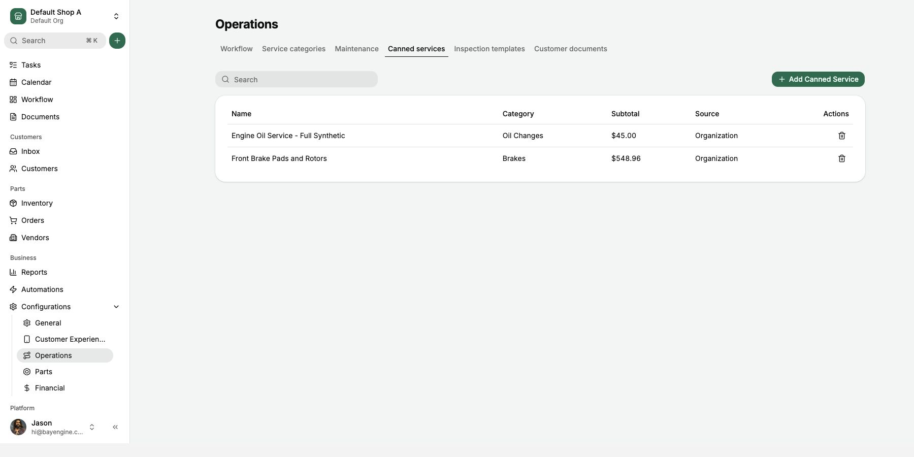 Canned services list with category and source columns