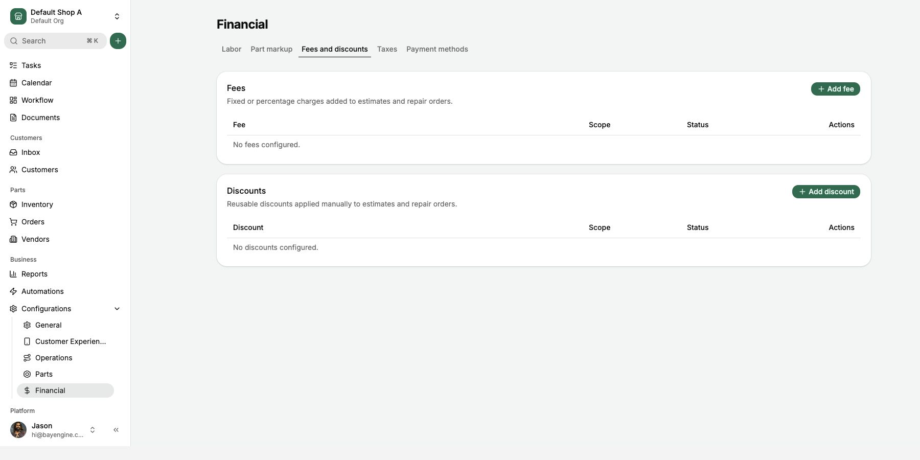 Fees and discounts settings