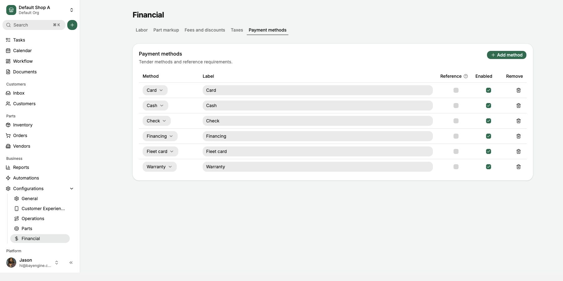 Payment method settings