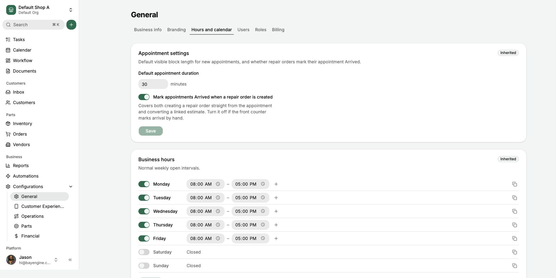 Calendar tab with appointment duration and weekly business hours