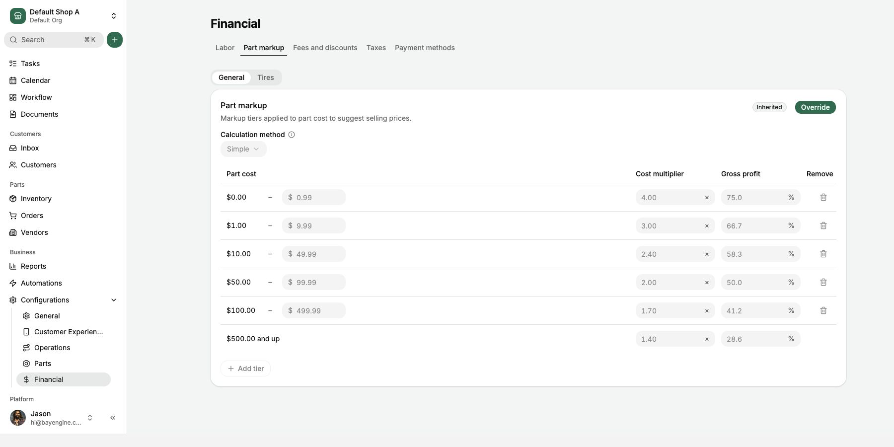 Pricing and markup configuration