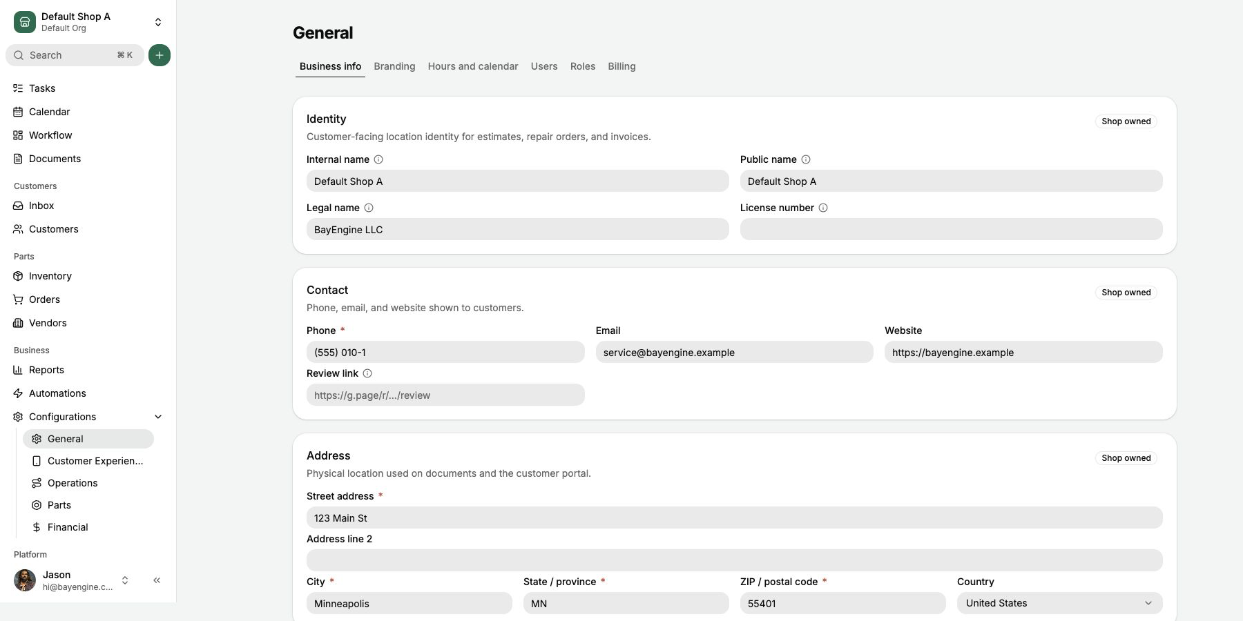 General configuration with Identity, Contact, and Address sections