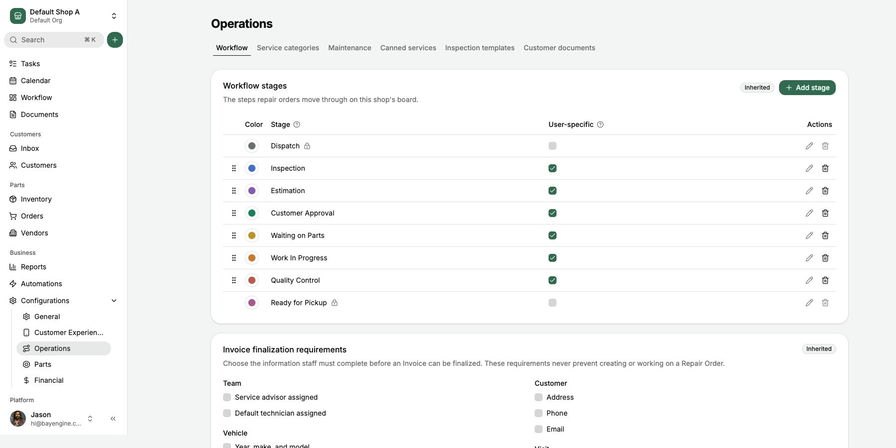 Workflow stages list with colors and user-specific toggles