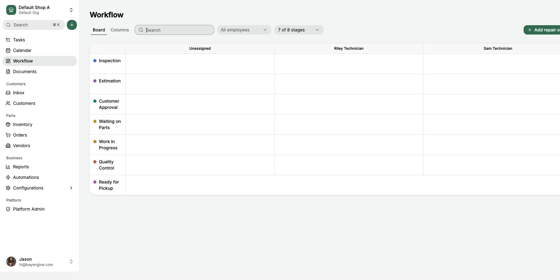 The Workflow board, the screen you land on after signing in